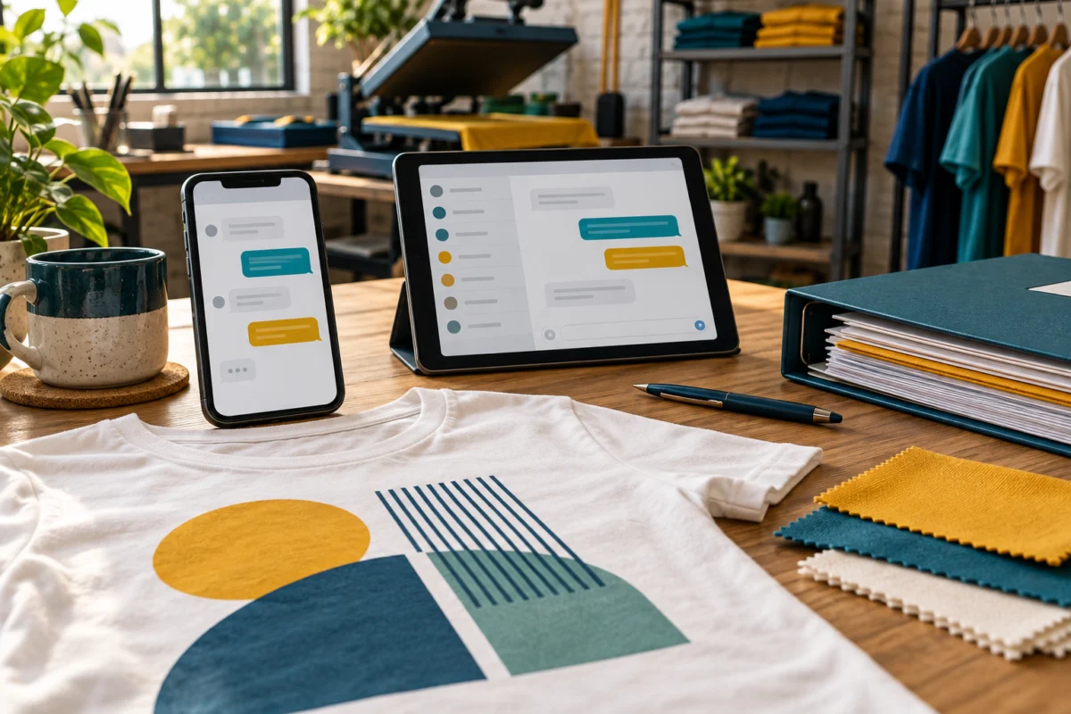 Celular e tablet com uma conversa ilustrativa ao lado de uma camiseta