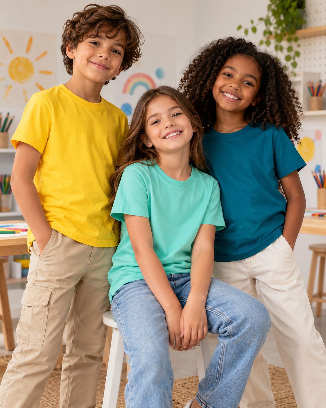 Crianças com camisetas lisas coloridas em espaço criativo