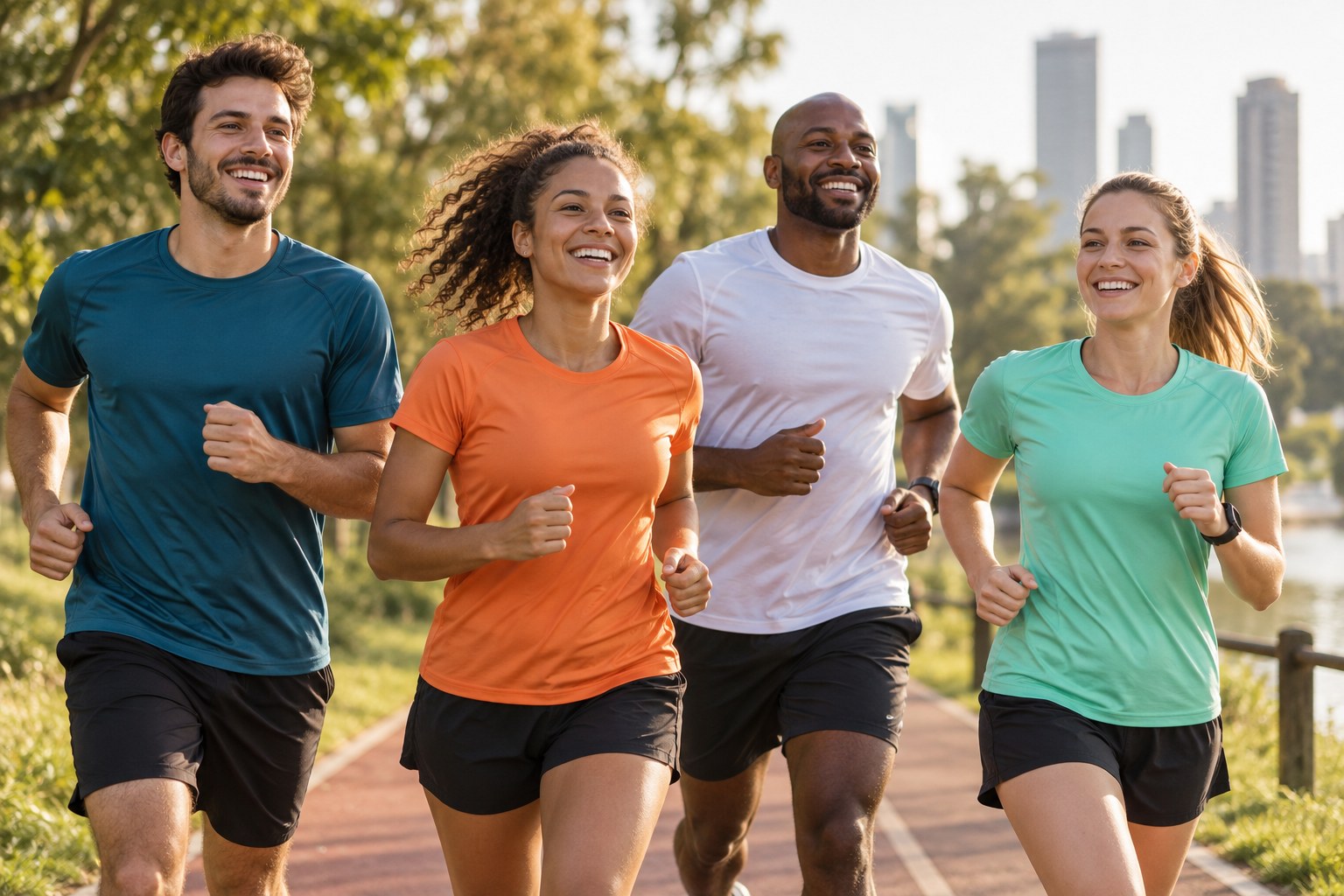 Grupo diverso de corredores usando camisetas dry fit coloridas