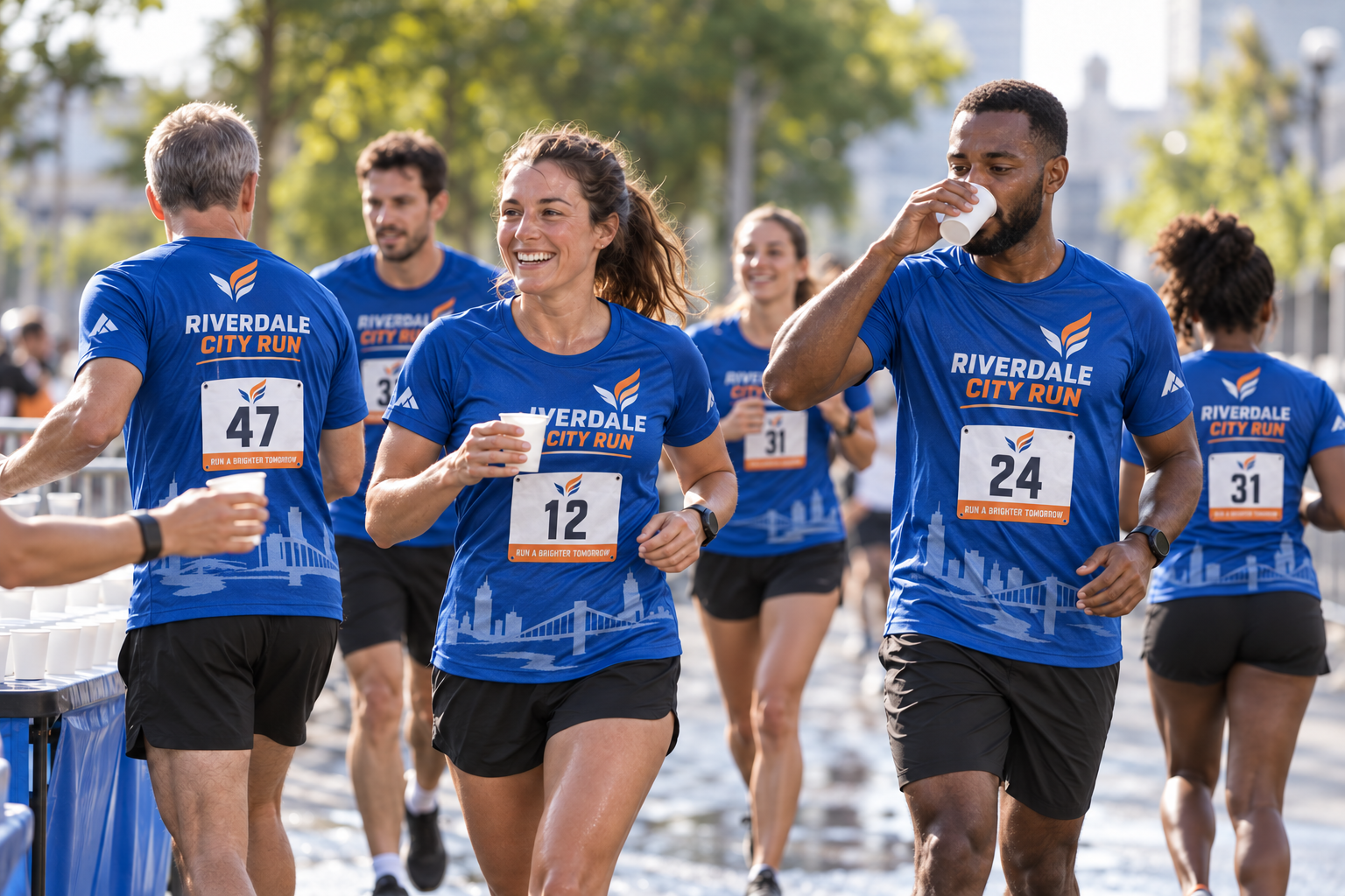 Corredores diversos usando camisetas dry fit personalizadas iguais