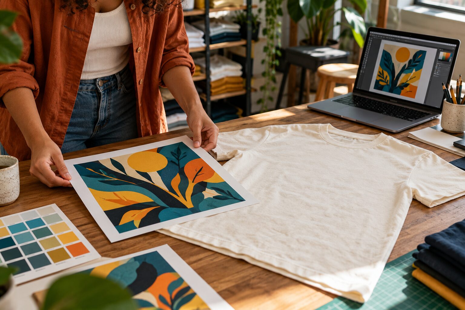 Designer compara uma arte gráfica com uma camiseta antes da estamparia