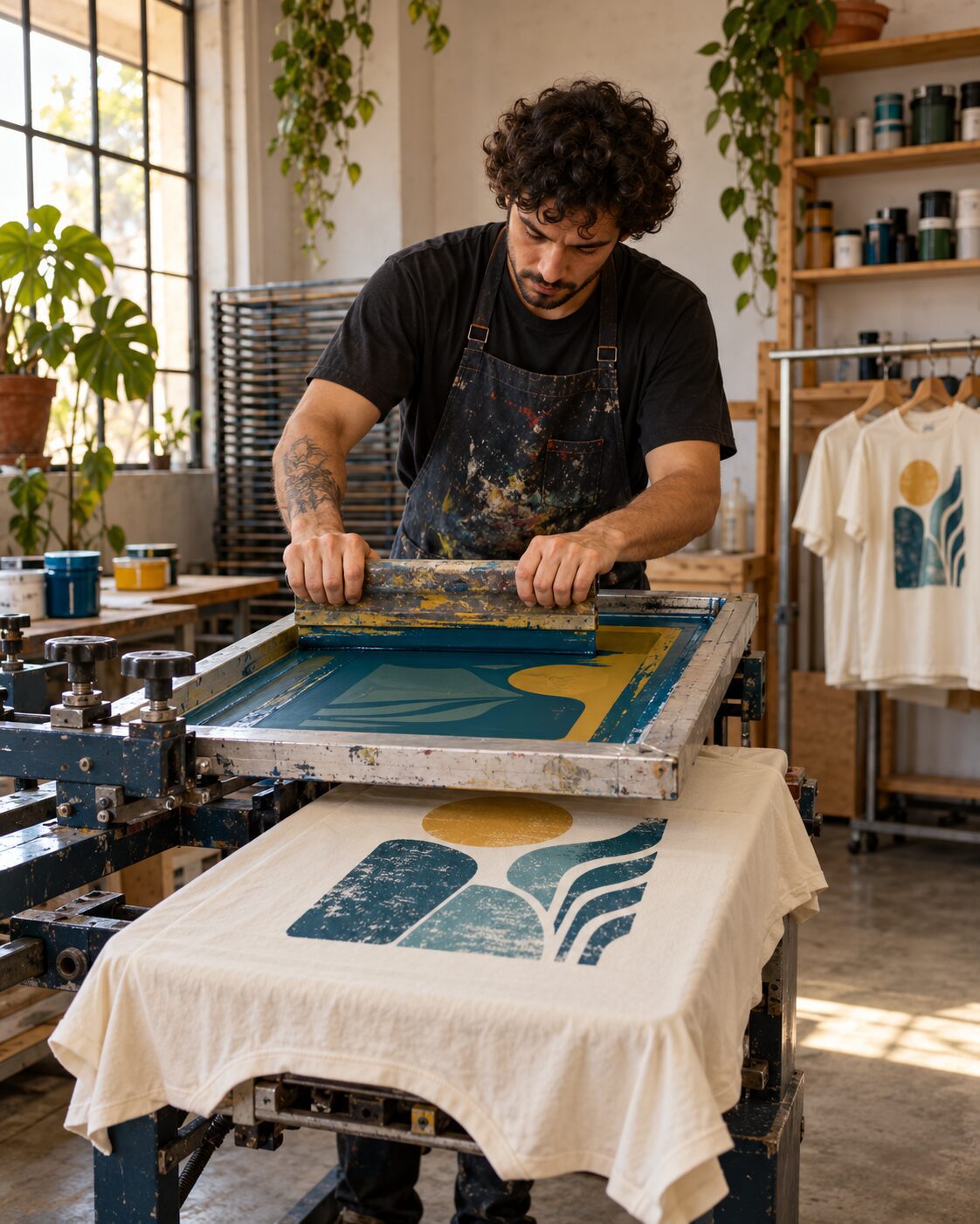 Estampador trabalha em uma tela de serigrafia para aplicar a arte em camiseta