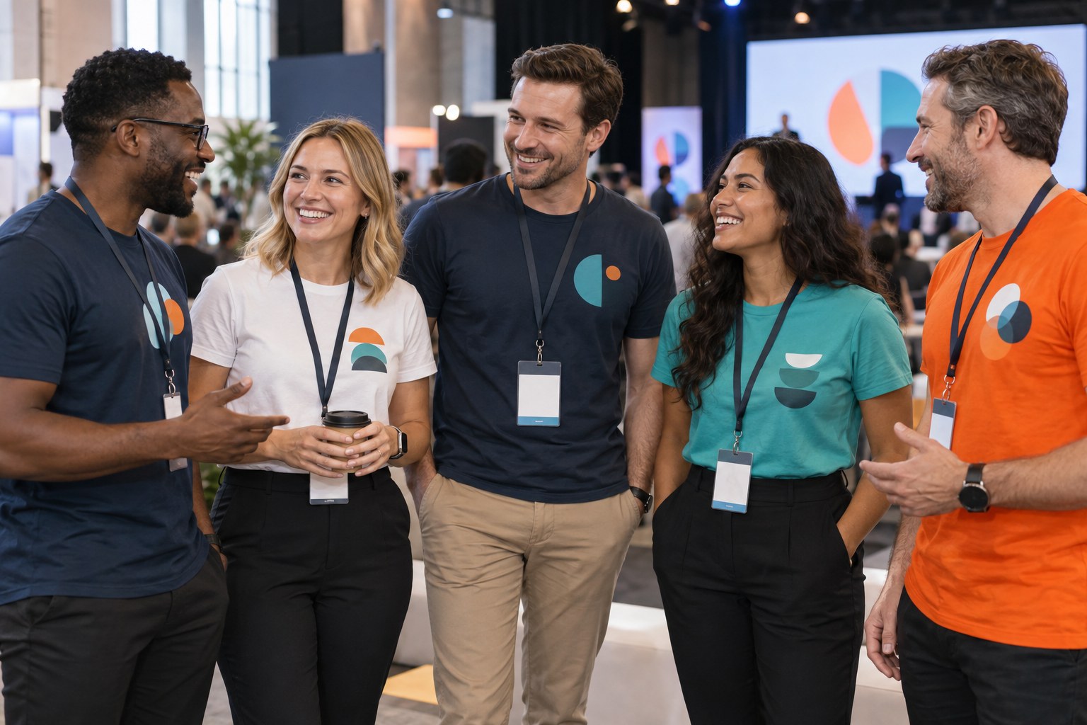 Equipe diversa em evento corporativo usando camisetas personalizadas
