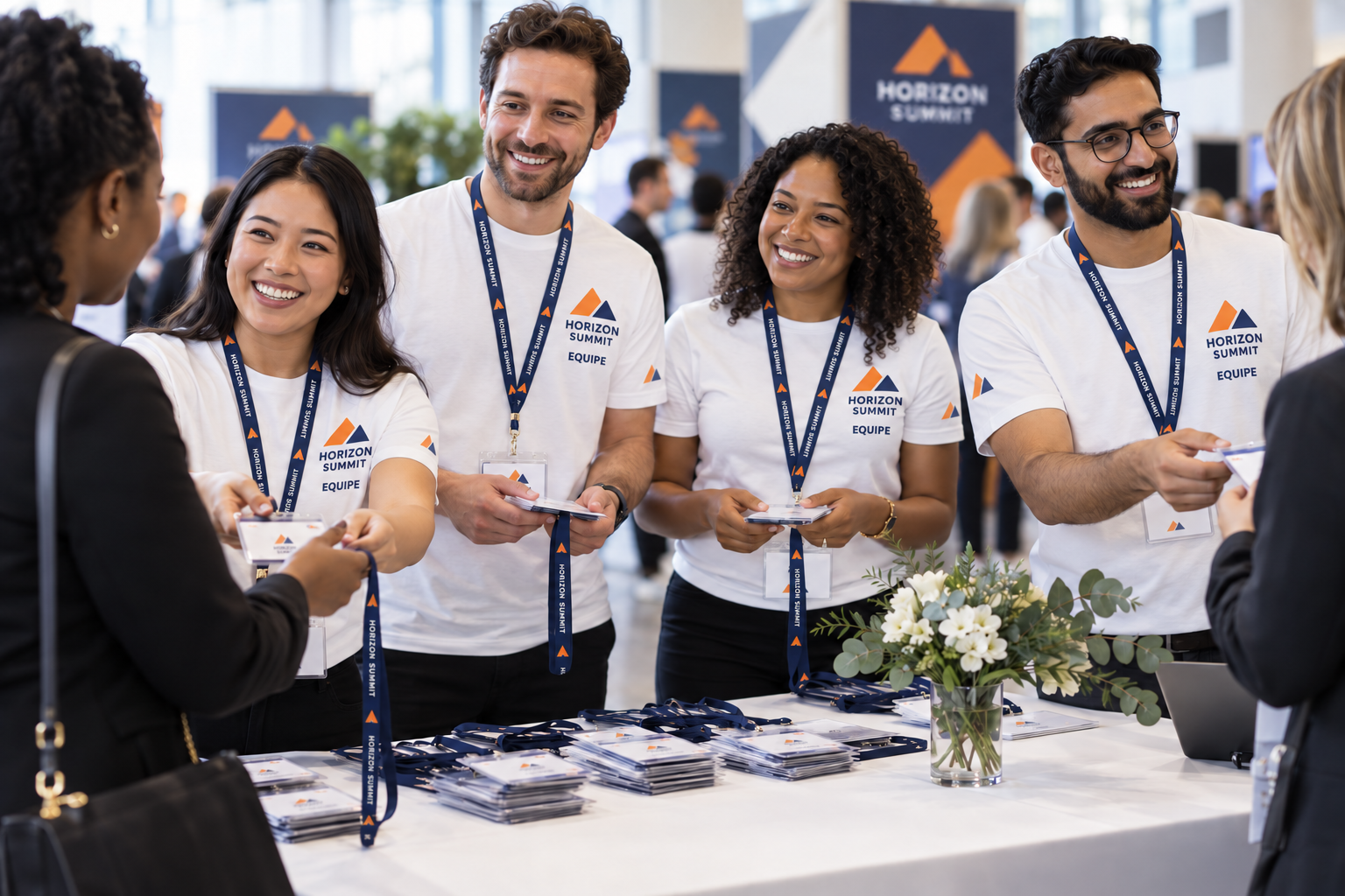 Equipe de evento corporativo usando camisetas personalizadas iguais