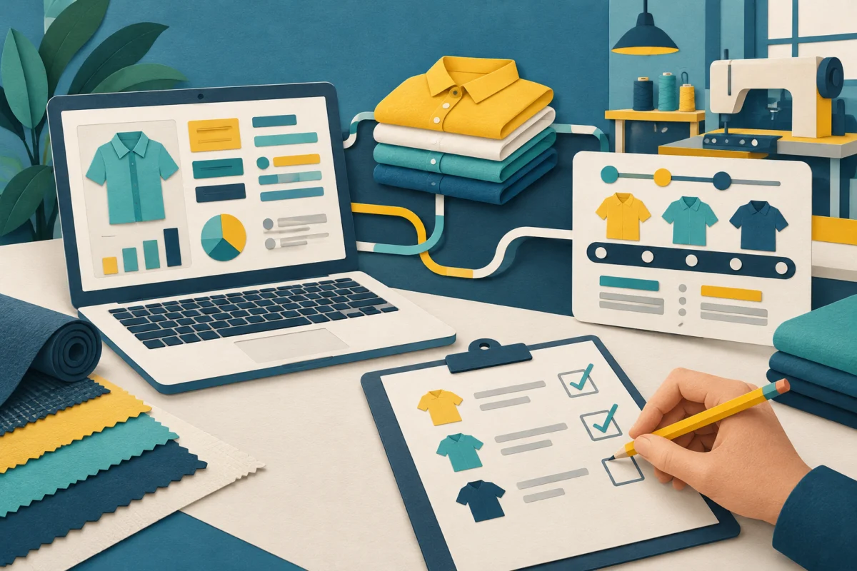 Ilustração de computador, tarefas e camisetas representando apoio da IA à operação