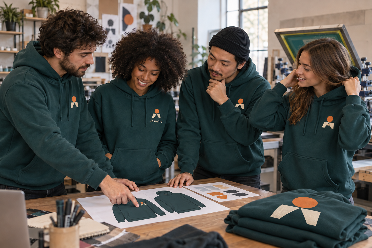 Equipe usando moletons canguru personalizados iguais em estúdio criativo