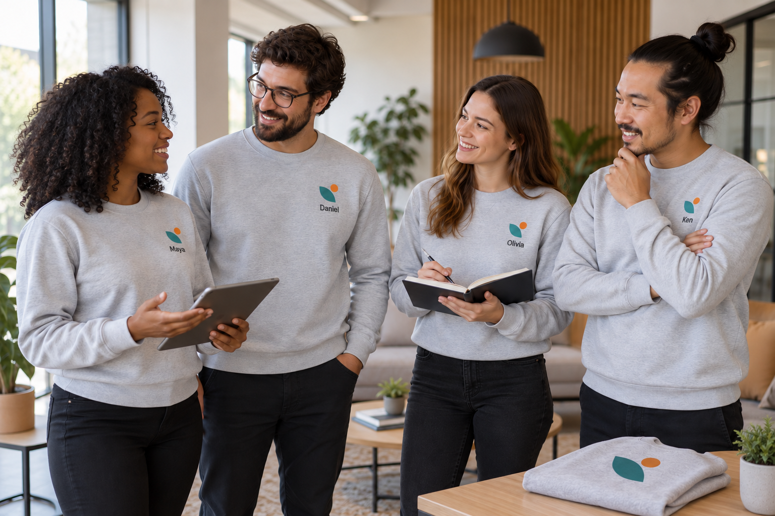 Equipe usando moletons sem capuz personalizados iguais