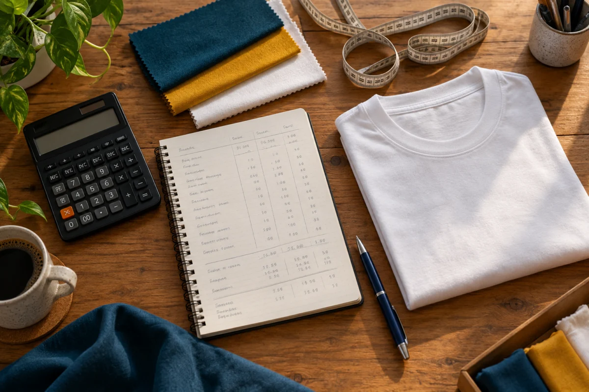 Calculadora e caderno de custos ao lado de tecidos e camisetas